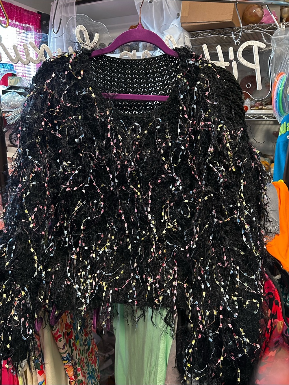 Source Unknown Black Fringe Sweater with Multicolor Thread Accents